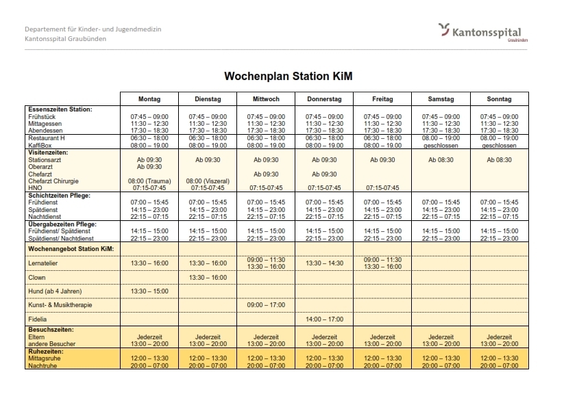 Wochenplan der Kinderstation KiM